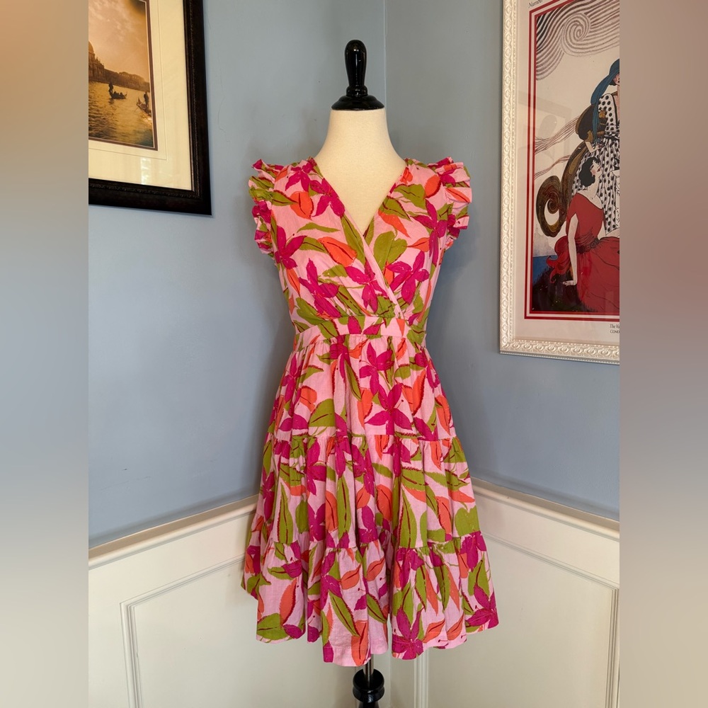 Pink Ruffle Sleeve Tiered Colorful Knee-Length Dress Sz M